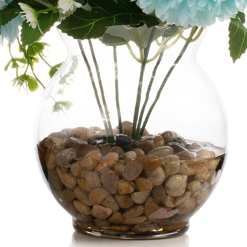 13" Silk Marigold Flowers in Glass Vase with Faux Water and River Stone (Aqua)