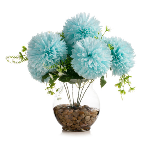 13" Silk Marigold Flowers in Glass Vase with Faux Water and River Stone (Aqua)