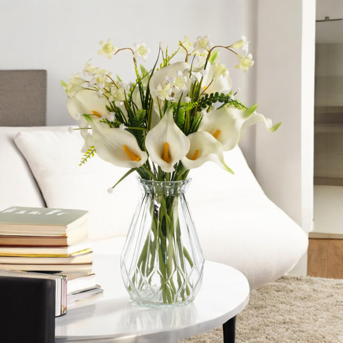 13" Mixed Real Touch Calla Lily Flower with Filler in Glass Vase