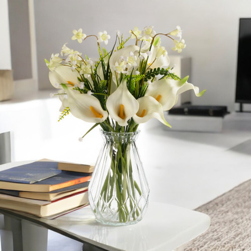 13" Mixed Real Touch Calla Lily Flower with Filler in Glass Vase