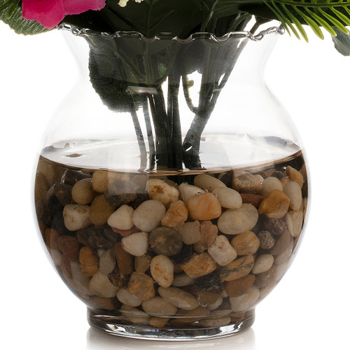 18 Heads Silk Rose Flower in  Glass Vase With Faux Water and River Stone (Fushia)