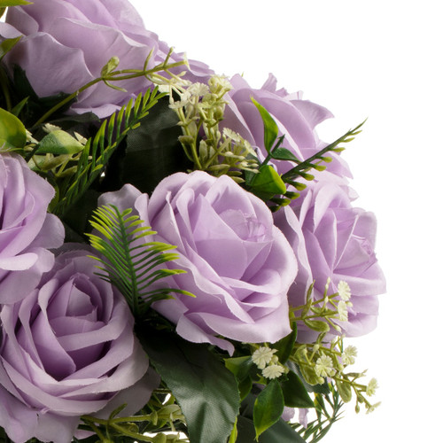 18 Heads Silk Rose Flower in Glass Vase With Faux Water and River Stone (Purple)