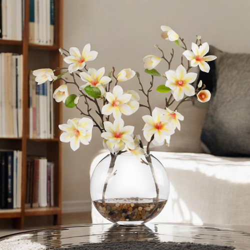 Real Touch Magnolia Flower Arrangement in Glass Vase with Faux Water (Cream Peach)