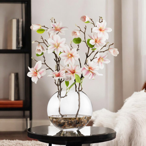 Real Touch Magnolia Flower Arrangement in Glass Vase with Faux Water (Cream Pink)
