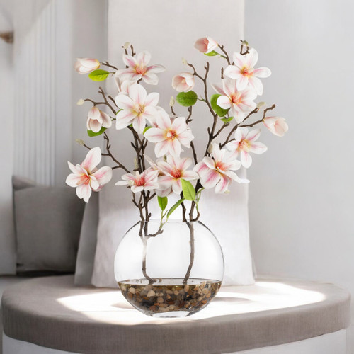 Real Touch Magnolia Flower Arrangement in Glass Vase with Faux Water (Cream Pink)