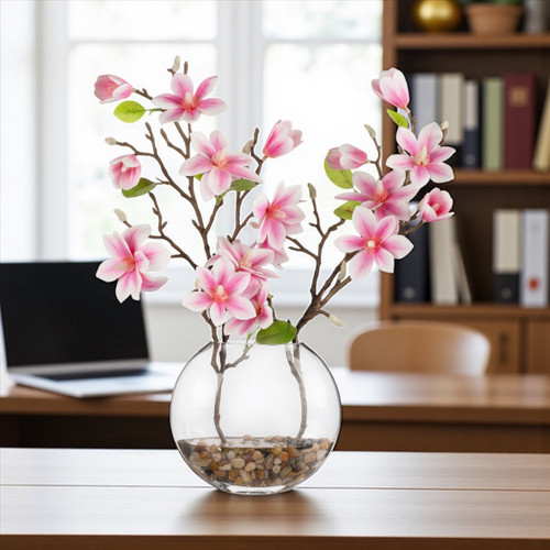 Real Touch Magnolia Flower Arrangement in Glass Vase with Faux Water (Pink)