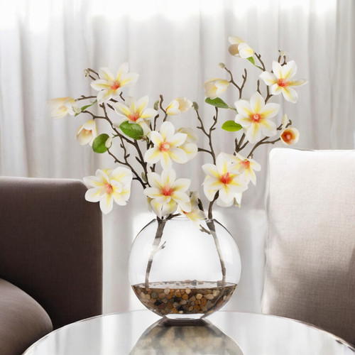Real Touch Magnolia Flower Arrangement in Glass Vase with Faux Water