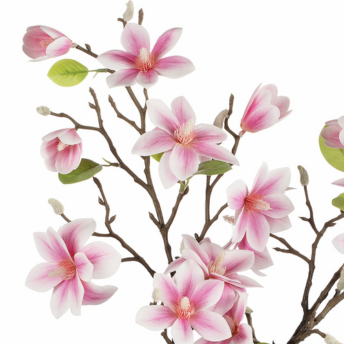 Close-up of pink real touch artificial magnolia flowers with layered petals, natural color gradients, and textured branches for realistic floral décor.