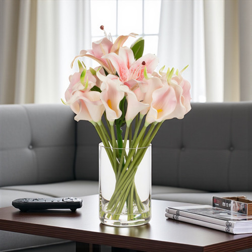 Artificial Real Touch Lily Flower Arrangement in Clear Glass Vase with Faux Water