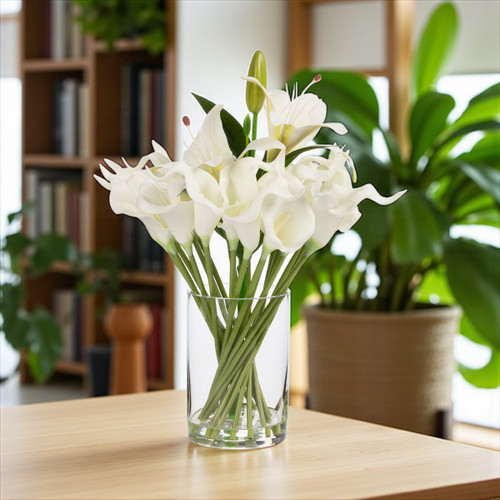 Artificial Real Touch Lily Flower Arrangement in Clear Glass Vase with Faux Water