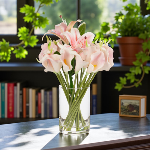 Artificial Real Touch Lily Flower Arrangement in Clear Glass Vase with Faux Water