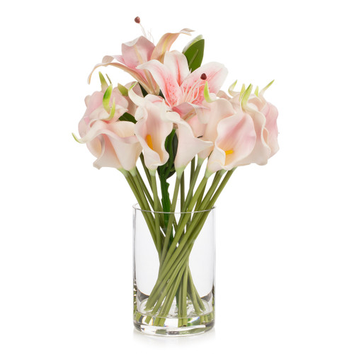 Artificial Real Touch Lily Flower Arrangement in Clear Glass Vase with Faux Water