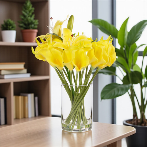 Artificial Real Touch Lily Flower Arrangement in Clear Glass Vase with Faux Water (Yellow)