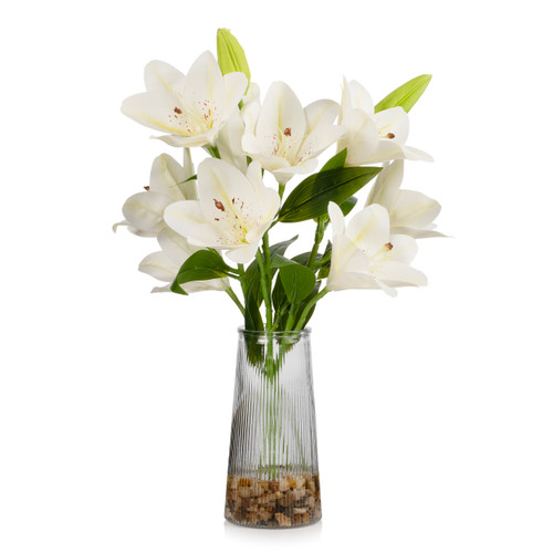 Real Touch Tiger Lily Flower Arrangement in Clear Glass Vase with Faux Water (Cream)