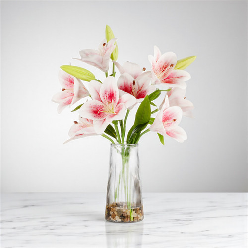 Real Touch Tiger Lily Flower Arrangement in Clear Glass Vase with Faux Water (Pink)