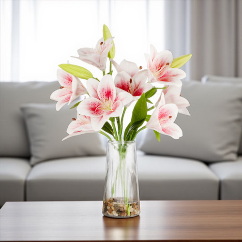 Real Touch Tiger Lily Flower Arrangement in Clear Glass Vase with Faux Water (Pink)