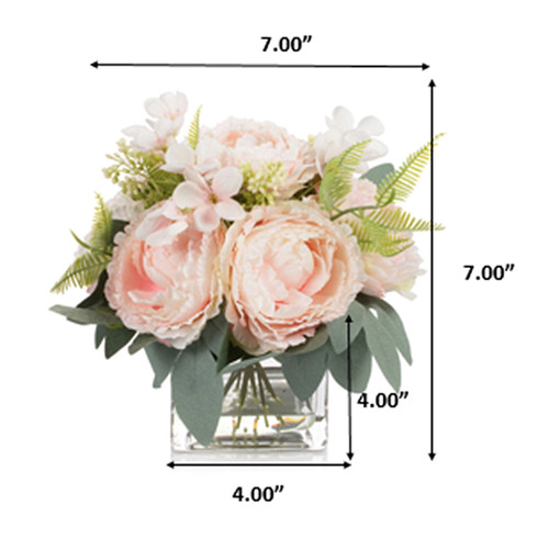 Artificial Peony Flower Arrangement in Glass Vase with Faux Water