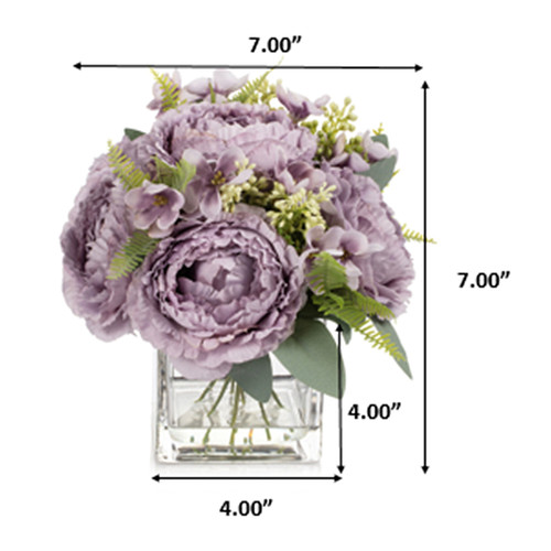 Artificial Peony Flower Arrangement in Glass Vase with Faux Water