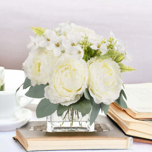 Artificial Peony Flower Arrangement in Glass Vase with Faux Water