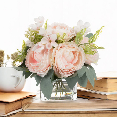Artificial Peony Flower Arrangement in Glass Vase with Faux Water