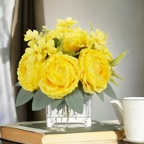 Artificial Peony Flower Arrangement in Glass Vase with Faux Water