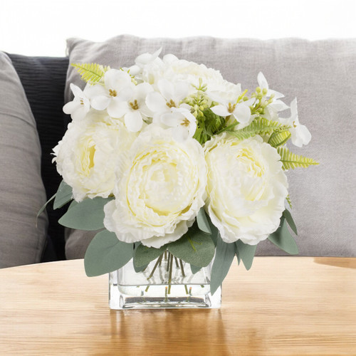 Artificial Peony Flower Arrangement in Glass Vase with Faux Water