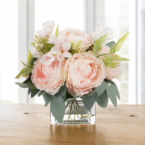 Artificial Peony Flower Arrangement in Glass Vase with Faux Water