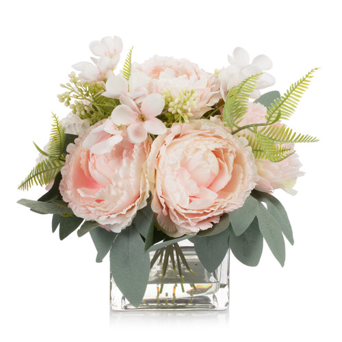 Artificial Peony Flower Arrangement in Glass Vase with Faux Water