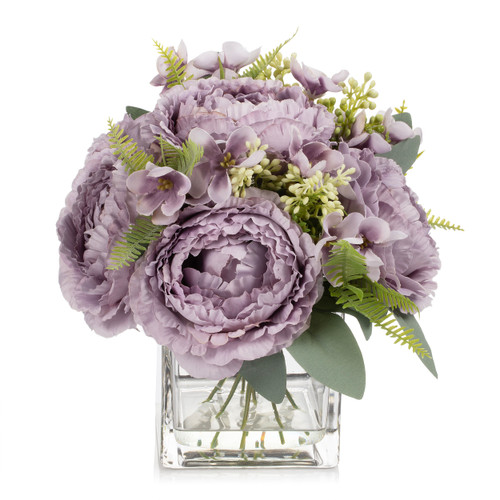 Artificial Peony Flower Arrangement in Glass Vase with Faux Water