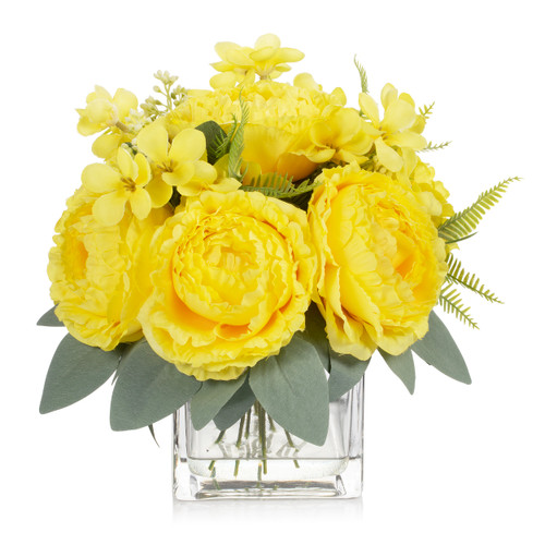 Artificial Peony Flower Arrangement in Glass Vase with Faux Water