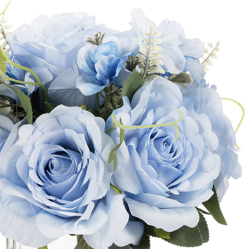 Artificial Rose Flower Arrangement in Glass Vase with Faux Water (Blue)