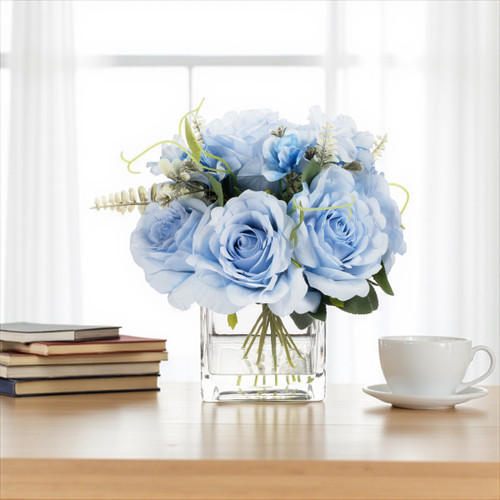 Artificial Rose Flower Arrangement in Glass Vase with Faux Water (Blue)