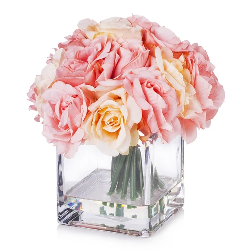 18 Pieces Artificial Roses Flower Arrangement in Cube Glass Vase (New) — Available in 4 Colors