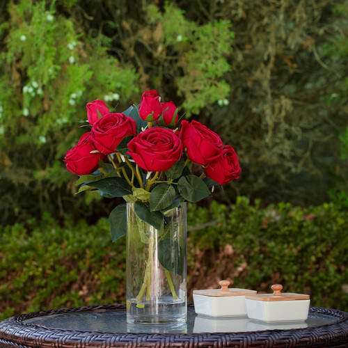 13" Artificial Silk Rose Flowers in Glass Vase with Faux Water (New) — Available in 6 Colors