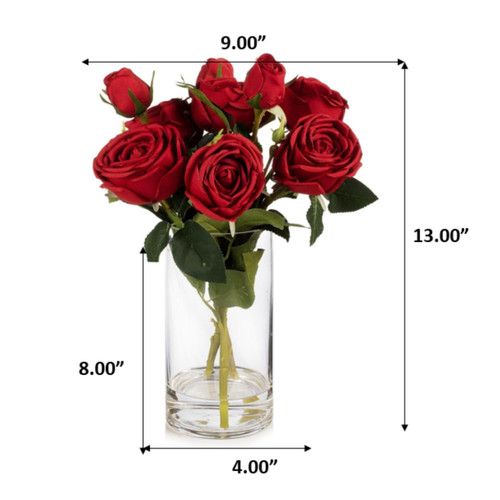 13" Artificial Silk Rose Flowers in Glass Vase with Faux Water (New) — Available in 6 Colors