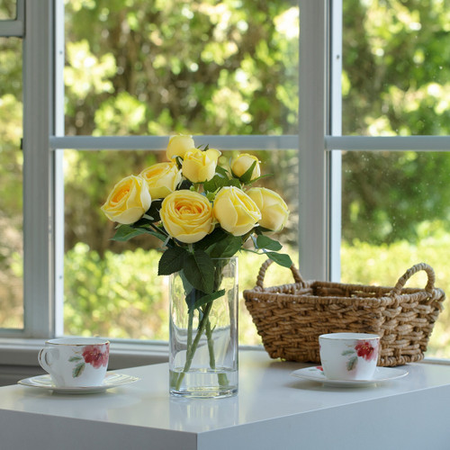 13" Artificial Silk Rose Flowers in Glass Vase with Faux Water (New) — Available in 6 Colors
