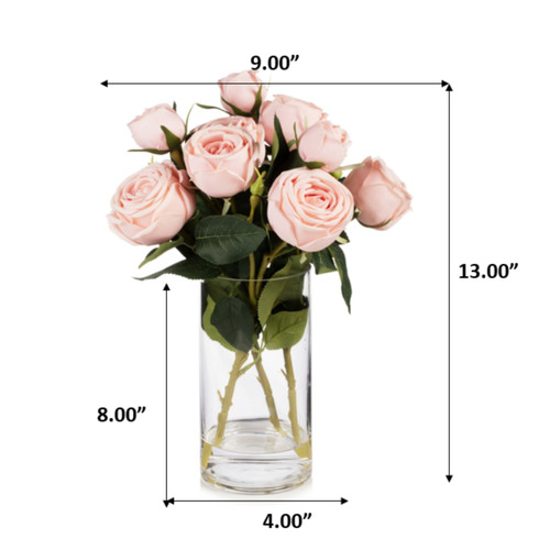 13" Artificial Silk Rose Flowers in Glass Vase with Faux Water (New) — Available in 6 Colors