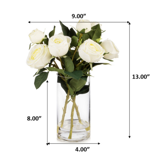 13" Artificial Silk Rose Flowers in Glass Vase with Faux Water (New) — Available in 6 Colors