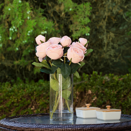 13" Artificial Silk Rose Flowers in Glass Vase with Faux Water (New) — Available in 6 Colors