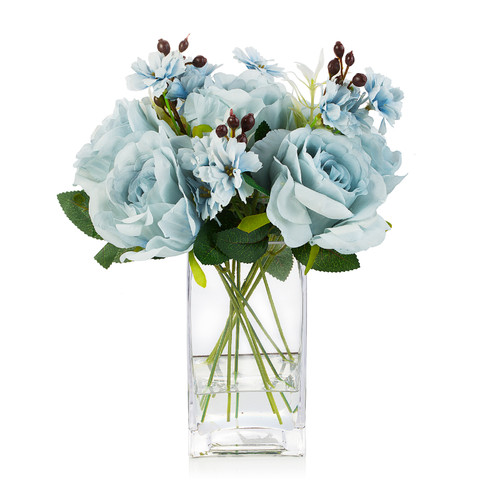 Artificial Silk Rose Flower in Clear Glass Vase With Faux Water (New) — Available in 3 Colors