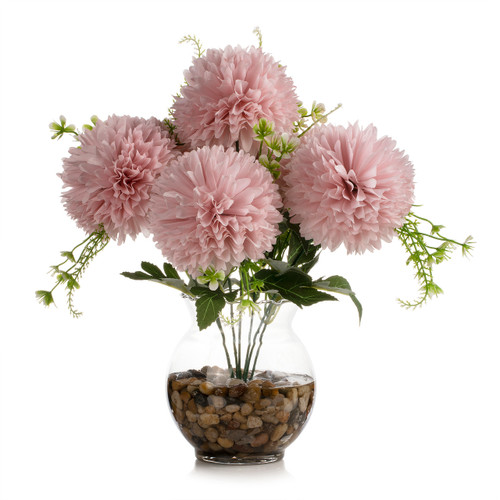 13" Silk Marigold Flowers in Glass Vase with Faux Water and River Stone — Available in 3 Colors