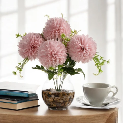 13" Silk Marigold Flowers in Glass Vase with Faux Water and River Stone — Available in 3 Colors
