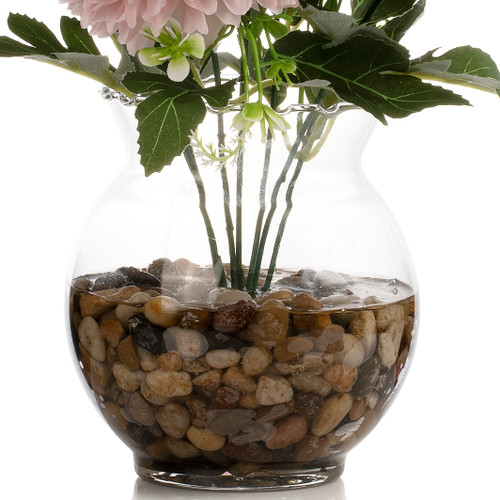 13" Silk Marigold Flowers in Glass Vase with Faux Water and River Stone — Available in 3 Colors