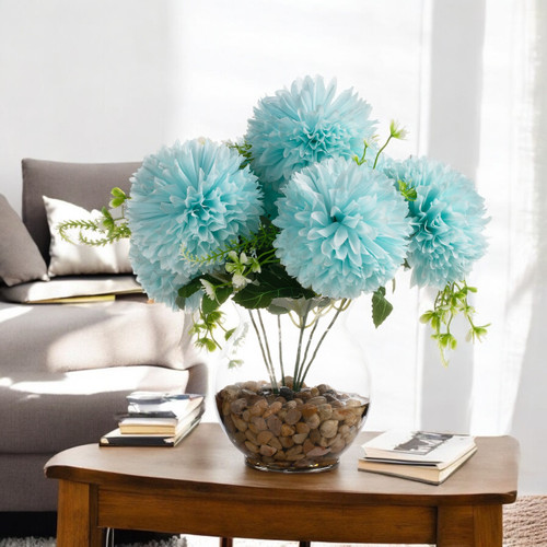 13" Silk Marigold Flowers in Glass Vase with Faux Water and River Stone — Available in 3 Colors