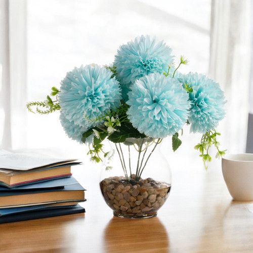 13" Silk Marigold Flowers in Glass Vase with Faux Water and River Stone — Available in 3 Colors