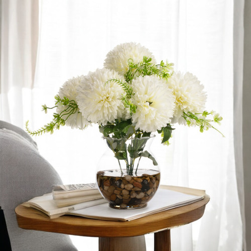 13" Silk Marigold Flowers in Glass Vase with Faux Water and River Stone — Available in 3 Colors
