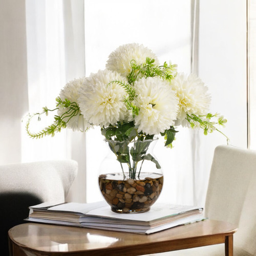 13" Silk Marigold Flowers in Glass Vase with Faux Water and River Stone — Available in 3 Colors