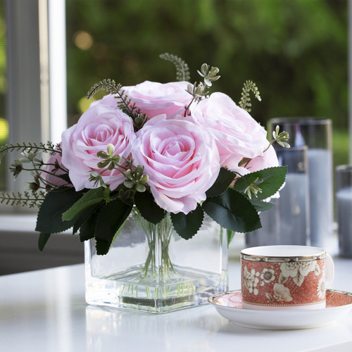 9 Heads Artificial Silk Rose Flowers in Clear Glass Vase With Faux Water (New) — Available in 2 Colors