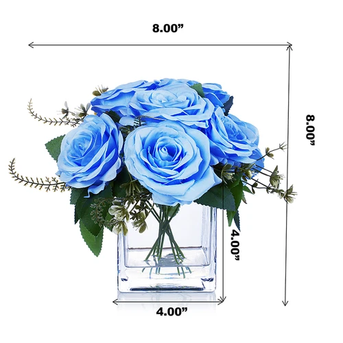 9 Heads Artificial Silk Rose Flowers in Clear Glass Vase With Faux Water (New) — Available in 3 Colors