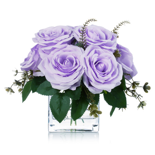 9 Heads Artificial Silk Rose Flowers in Clear Glass Vase With Faux Water (New) — Available in 3 Colors